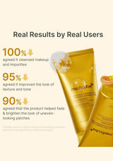Promotional graphic for Medcube skin care products on a warm beige background, with text reading 'Real Results by Real Users' and three user feedback points. Two gold squeeze tubes and a gold cap are shown, one partially covered by a translucent white cap.