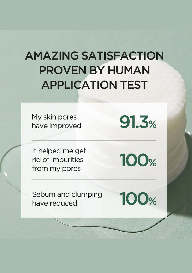 Product packaging with text about skin improvement and satisfaction rates on a light green background