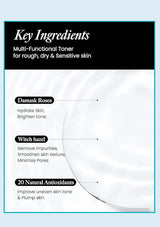Multifunctional toner packaging with key ingredients on a light blue background
