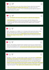 Product reviews with text and icons on a green background