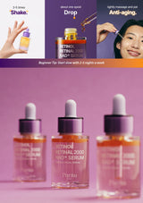 Promotional infographic for a skincare serum with Chinese text, showing a woman's face, a hand holding a small bottle, a dropper, and product packaging on a purple background. The text claims anti-aging effects in 2 weeks and describes shaking and dropping the product.