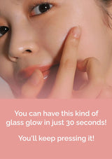 Close-up of a person applying a product to their face with text about achieving a 'glass glow' in 30 seconds.