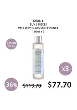 VELY VELY Glass Skin Essence bottle with pricing and deal information on a white background