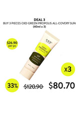 A promotional graphic showing a tube of CKD Green Propolis UV All-Covery Sun lotion, with text offering a deal to buy 3 pieces for $80.70.