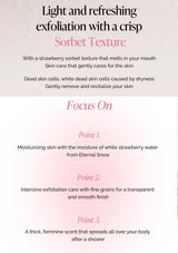 Product description text with a strawberry sorbet texture and white strawberry water focus on moisturizing and exfoliating skin.