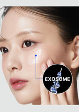 Woman's face with close-up of exosome on skin, labeled 'EXOSOME'.