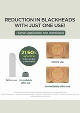 Advertisement showing reduction in blackheads with a product, including 'Before use' and 'Immediately after use' images.