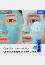 Facial mask application with before and after effects, showing a blue mask on a person's face.