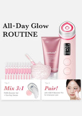 Skincare routine set with pink device and products on a white background
