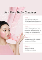 An instructional beauty graphic with a woman applying pink cleanser to her face, alongside text reading 'As a Deep Daily Cleanser' and four step-by-step directions for application, massage, foaming, and rinsing.