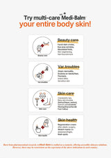 Advertisement for multi-care Medi-Balm with icons and text on a white background