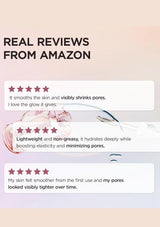 Amazon product review card with five-star ratings and text on a pink background