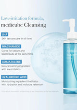 Medicube Cleansing product with ingredients listed on a light blue background