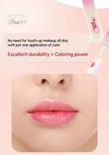 Lipstick application with text highlighting color durability and ease of use on a pink background