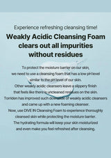 Text description of a weakly acidic cleansing foam product on a light blue background
