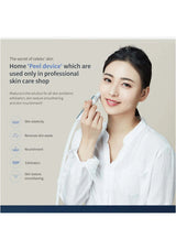 Woman using a home peel device with text about its use in professional skin care shops.