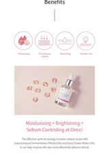 Skincare product with benefits listed on a light pink background