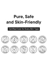 Certification badges for pure, safe, and skin-friendly products on a white background.
