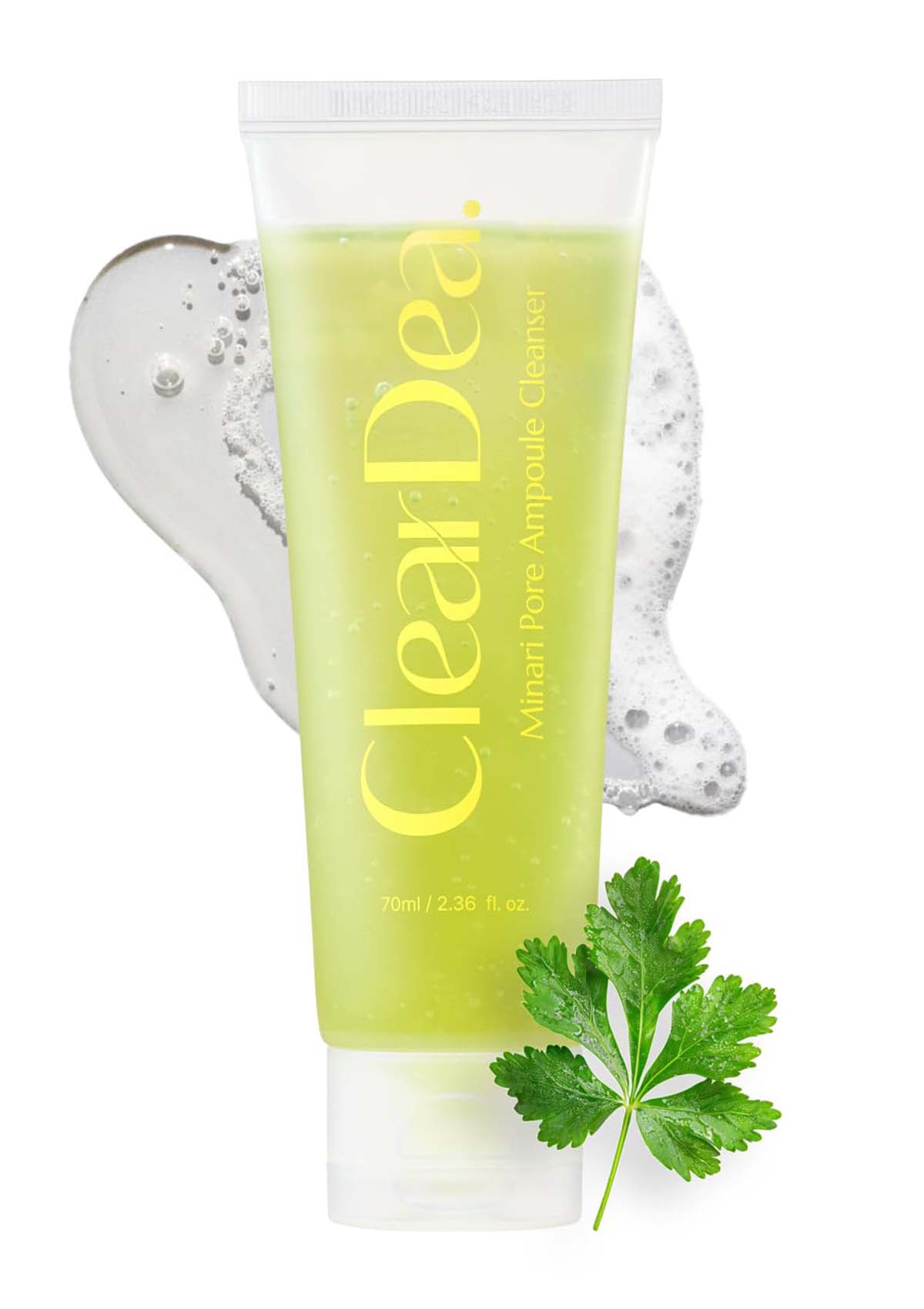 Tube of Clear Dea facial cleanser with green leaf on a white background
