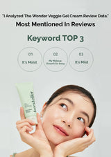 Woman applying a skincare product with text about product features