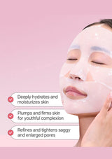 Person wearing a face mask with text on a pink background