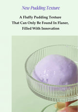 Purple fluffy pudding in a clear bowl with promotional text on a light green background