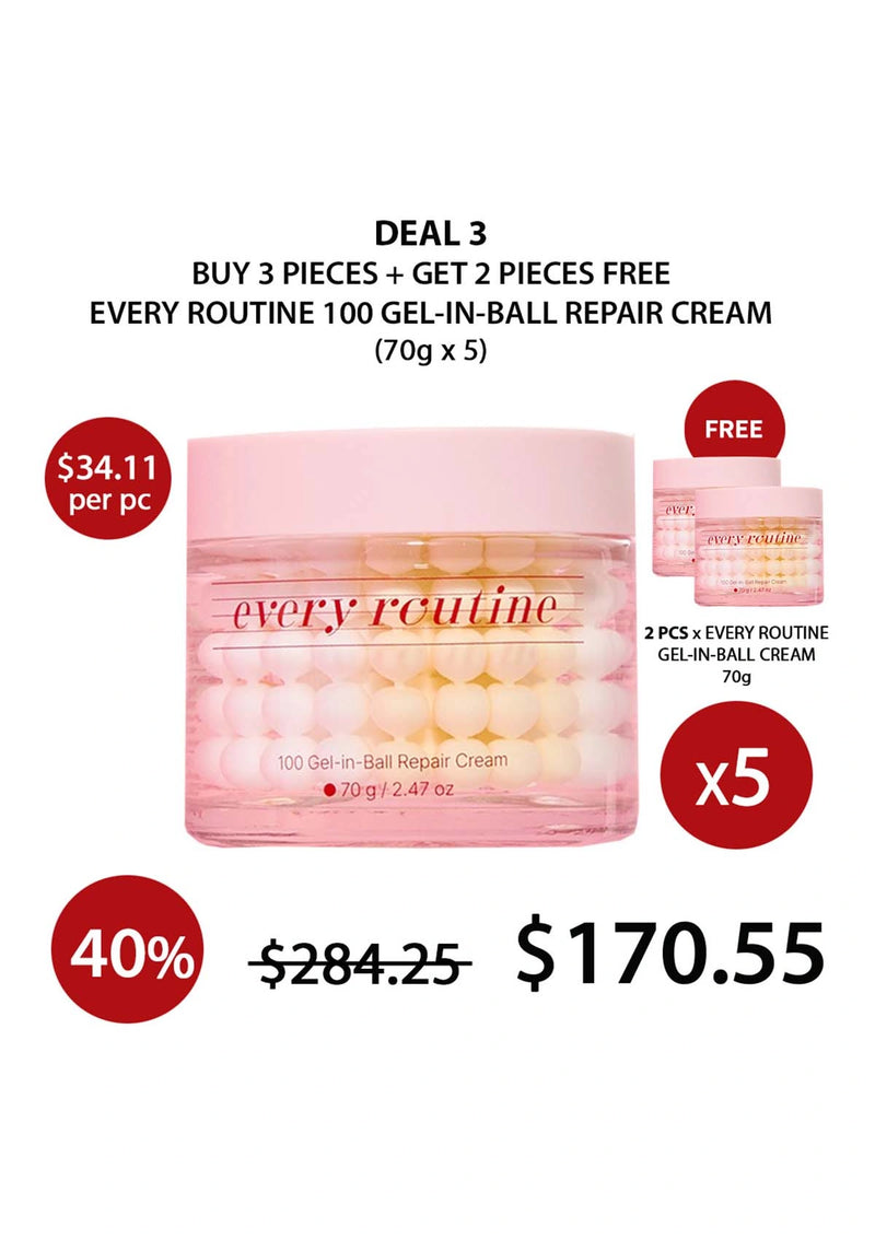 Promotional offer for 'every routine' gel-in-ball repair cream with pricing and quantity details.