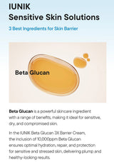 IUNIK Beta Glucan skincare solution with a close-up of the ingredient on a light blue background.