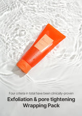 Orange wrapping pack on a textured white background with text about exfoliation and pore tightening.