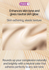 Product packaging with text highlighting skin-tone enhancement and texture, featuring a neutral color swatch.