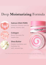 Lip balm with ingredients listed on a pink background