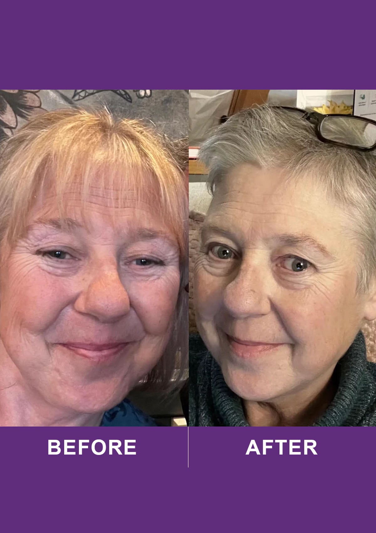 Before and after comparison of a woman's hairstyle with a purple background.