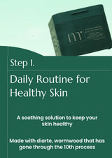 Product packaging with text about a daily routine for healthy skin on a green background