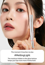 Woman holding a cosmetic product with text about 'Melting Light' feature