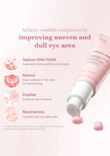 Skincare product with text on a pink background about improving eye area skin.
