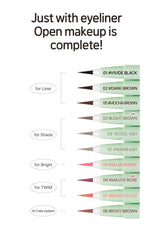 Eyeliner shades with color names and codes on a white background