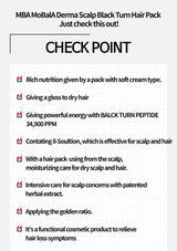 Advertisement for MBA MoBaA Derma Scalp Black Turn Hair Pack with text highlighting features.