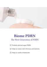 Biome PDRN skincare product being applied to skin with text highlighting features.