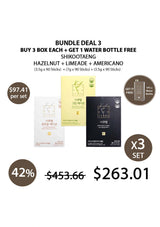 Product packaging for SHIKOOTAENG Diet Coffee in three flavors: Americano, Hazelnut, and Green Edition Limeade.