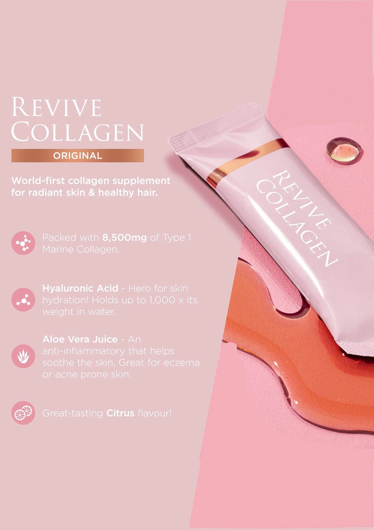 Revive Collagen supplement packaging on a pink background with product details.