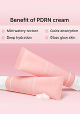Two pink tubes of PDRN cream on a pink background with text listing benefits.