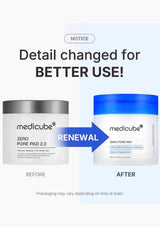Before and after comparison of Medicube Zero Pore Pad packaging with a blue arrow indicating renewal.