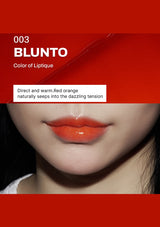 Lipstick color swatch with a close-up of lips wearing red-orange lipstick, branded 'Blunto'.
