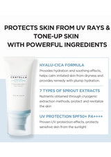 Product packaging with text highlighting UV protection, hyalu-cica formula, and sprout extracts.