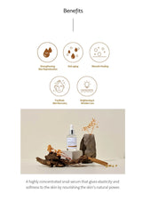 Skincare serum with benefits listed on a white background