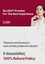 Advertisement for SLLIGHT with a woman in a white dress against a red background, featuring text about neck wrinkle research and a refund policy.