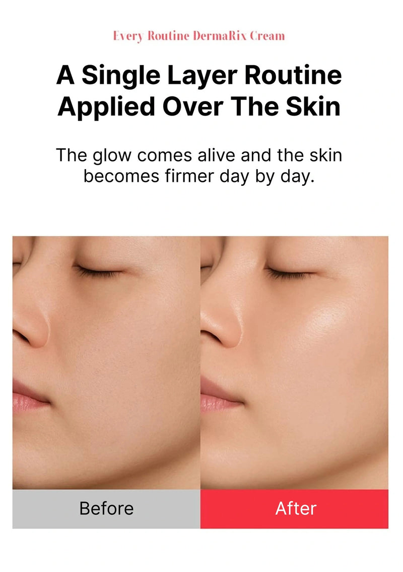 Before and after comparison of skin with DermalRix Cream, showing a single layer routine applied over the skin.