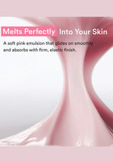A promotional graphic for a pink emulsion showing a glossy, flowing pink substance on a white background with pink border bands. Text reads: 'Melts Perfectly Into Your Skin' and 'A soft pink emulsion that glides on smoothly and absorbs with firm, elastic finish.