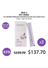 Promotional offer for 107 Aronia Vinegar Low Molecular Collagen Jelly with packaging and pricing details.