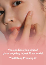 Close-up of a person's face with text overlay on a pink background